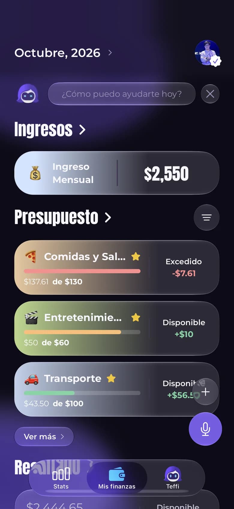 Teffi home screen with income and budgets