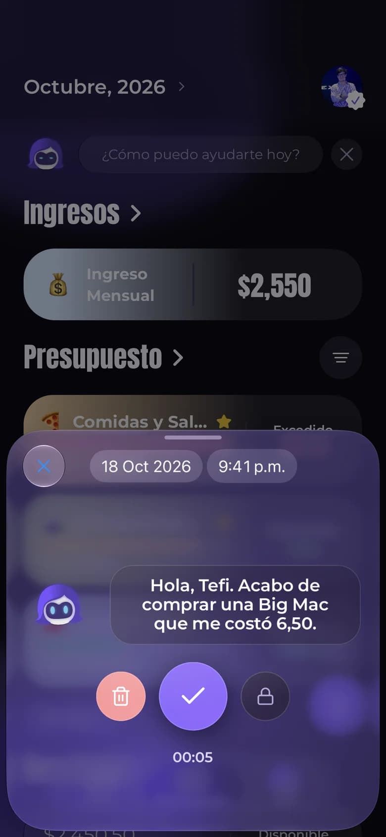 Confirmation of an expense logged by voice
